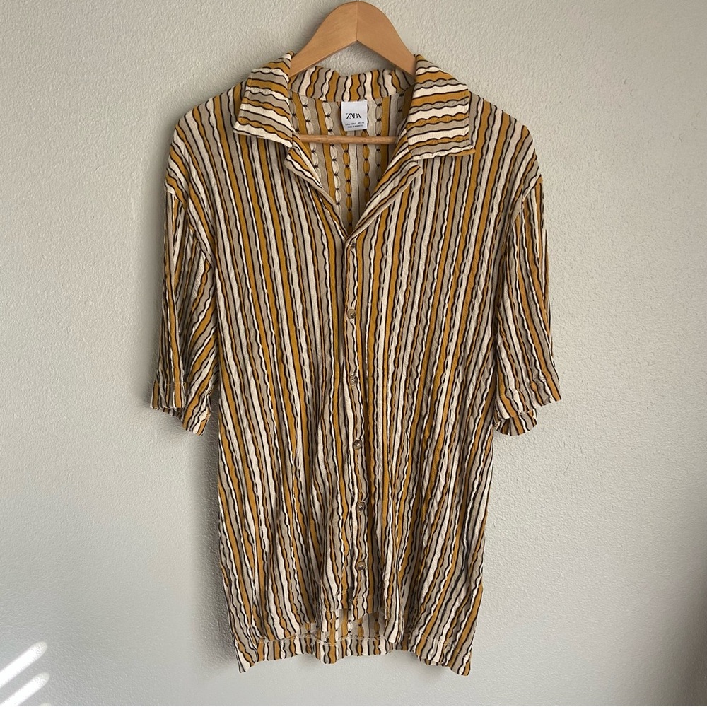 Zara Men's Casual Button Down Shirt - Yellow and Brown Stripes